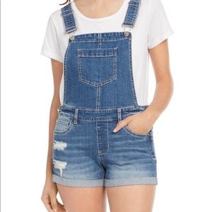 Dollhouse light wash distressed woman’s denim overall shorts‎